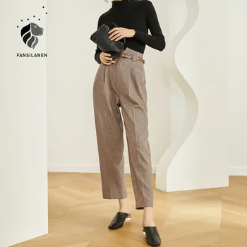 FANSILANEN Plisuotos atsitiktinis streetwear kelnės Moterims aukšto juosmens tiesiai kostiumas kelnės capri Office lady diržas laisvas elegantiškas kelnės