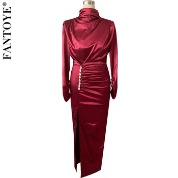 FANTOYE Raudona Satino Maxi Šalis Suknelė Moterims, Elegantiškas ilgomis Rankovėmis Aukštos Padalinta Deimantai Ponios Suknelė Naujas Golfo Clubwear Vestidos