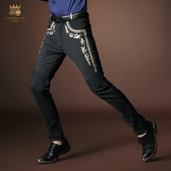 FANZHUAN Nemokamas Pristatymas Naujos mados vyrų rudens kelnės, vyriški siuvinėjimo džinsai Gėlių Spausdinti Pynimas skiny juodos kelnės 518017