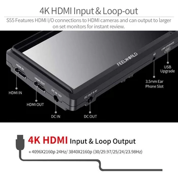 FEELWORLD 5.5 Colių 4k Nešiojamas Fotoaparatas DSLR Srityje Monitoriaus HDMI Įvesties ir Išvesties Mažas Full HD 1280x720 IPS Tilt Rankos Galia S55