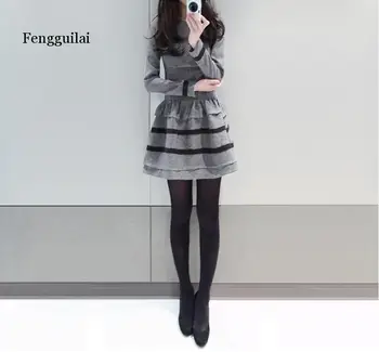 Fengguilai atsitiktinis seksuali suknelė rudens žiemos minkštas long sleeve dress lady darbo drabužiai, juoda pilka sizeXL