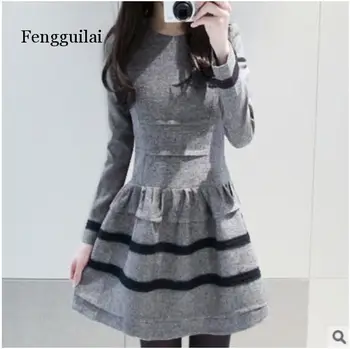 Fengguilai atsitiktinis seksuali suknelė rudens žiemos minkštas long sleeve dress lady darbo drabužiai, juoda pilka sizeXL