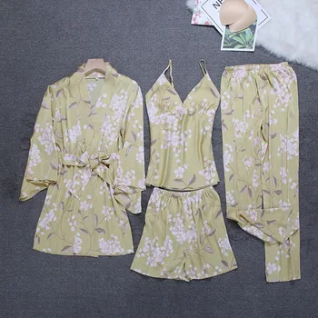 Fiklyc Moterų 4PC Moterų Kimono Chalatai Pižama Rinkiniai, Paminkštintas Krūtinės Moterų Sexy Pavasario Gėlių Spausdinti Ledo Šilko Sleepwear Karšto