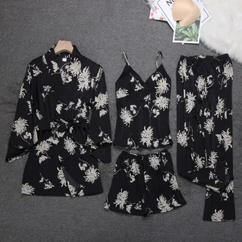 Fiklyc Moterų 4PC Moterų Kimono Chalatai Pižama Rinkiniai, Paminkštintas Krūtinės Moterų Sexy Pavasario Gėlių Spausdinti Ledo Šilko Sleepwear Karšto