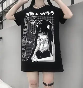 Fitshinling Harajuku Gotikos Marškinėliai Moterims 2019 Spausdinti Tamsiai Ilgai Viršūnes Moterų Black Grunge Prarasti Punk T-Shirt Femme, Mados Pardavimas
