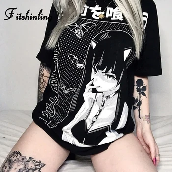Fitshinling Harajuku Gotikos Marškinėliai Moterims 2019 Spausdinti Tamsiai Ilgai Viršūnes Moterų Black Grunge Prarasti Punk T-Shirt Femme, Mados Pardavimas