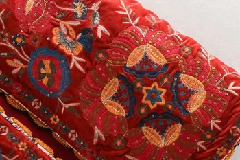 Flabbit moterų nacionalinės stiliaus blizgučiai siuvinėjimas rankovių striukė atsitiktinis panele, o kaklo velvet red coat streetwear prarasti viršūnes CT013