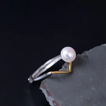 Flyleaf 925 Sterlingas Sidabro Geometrinis Trikampis Gamtos perlas Atidaryti Žiedai Moterims Originalaus Dizaino Lady Papuošalai