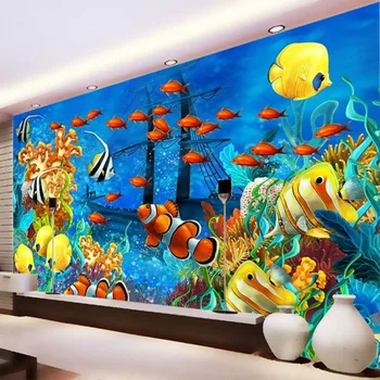 Foto Tapetai, 3D Stereo Animacinių filmų Tropinių Žuvų Povandeninį Pasaulį Sienų Tapetai Užsakymą neaustinių ekrano Užsklanda Papel De Parede 3D