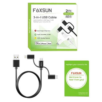 Foxsun Kelis 3 in 1 USB Kabelis 6.6 ft/2m nuo Žaibo Kabelio 