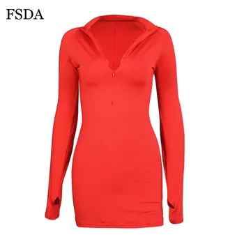 FSDA V-Kaklo, ilgomis Rankovėmis Zip Juoda Bodyconn Šalis Dress Seksuali Moteris Raudona Rudens Žiemos Mini Clubwear Suknelės Vestidos