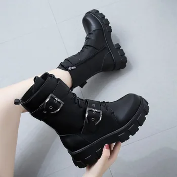 Fujin moterų batai jojimo motociklų juoda punk aukštos kokybės odos, sagtis zip nėriniai batai batai platformos stambusis sportbačiai