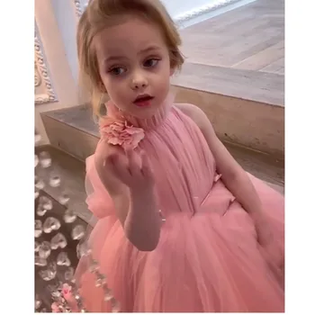 Gana 3D Gėlių Tutu Didelis Mažas Mergaites Inscenizacija Suknelės, Aukštos Apykaklės, Uždusęs Tiulio Gėlių mergaičių Suknelės 2019 Komunijos Suknelės Gana