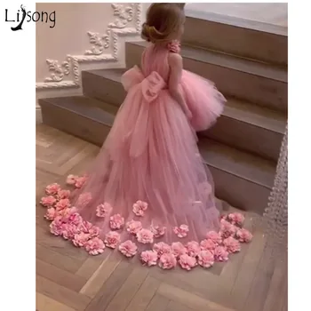 Gana 3D Gėlių Tutu Didelis Mažas Mergaites Inscenizacija Suknelės, Aukštos Apykaklės, Uždusęs Tiulio Gėlių mergaičių Suknelės 2019 Komunijos Suknelės Gana