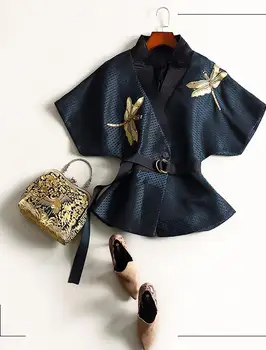 GETSRING Moterų Striukė Kimono Striukės Viršutiniai Moteriški 2019 Naujas Kailis Siuvinėjimas Karoliukais Šikšnosparnių Rankovėmis Paltai Oficialūs Švarkai Negabaritinių