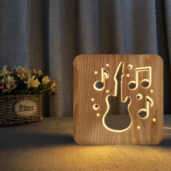Gitaros Muzikos Įrašus Ragų LED 3D Mediniai Naktį Šviesos Tuščiaviduriai Stalo Lempa USB Power Stalas Žibintai Kūdikių Vaikams Kalėdų, Naujųjų Metų Dovana