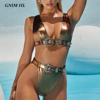 GNIM Sexy Thong Bikini maudymosi Kostiumėliai Moterims 2019 Auksas Blizga Brazilijos maudymosi kostiumėlį Moteris Vasaros Paplūdimio Maudymosi Kostiumą Biquini Su Diržu