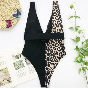 GNIM vientisi maudymosi Kostiumėliai, Bikini Moterims 2020 M Sexy Leopard Susiuvimo Backless Swimsuit Moterys Naujas Giliai V Kaklo Maudymosi Kostiumas Su Diržu