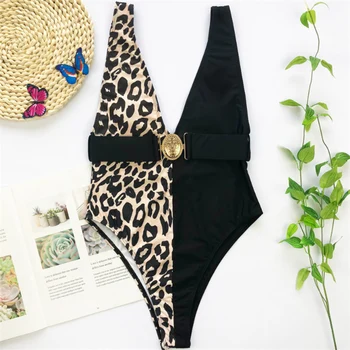 GNIM vientisi maudymosi Kostiumėliai, Bikini Moterims 2020 M Sexy Leopard Susiuvimo Backless Swimsuit Moterys Naujas Giliai V Kaklo Maudymosi Kostiumas Su Diržu