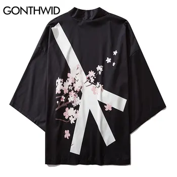 GONTHWID Anti-Karo Taikos Vyšnių Žiedų Spausdinti Japonų Kimono Megztinis Marškinėliai Striukės Streetwear Hip-Hop Vasaros Atsitiktinis Kailis Viršūnės