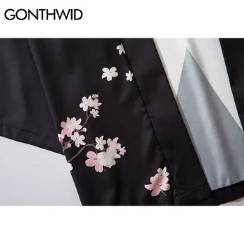 GONTHWID Anti-Karo Taikos Vyšnių Žiedų Spausdinti Japonų Kimono Megztinis Marškinėliai Striukės Streetwear Hip-Hop Vasaros Atsitiktinis Kailis Viršūnės
