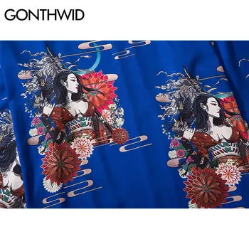 GONTHWID Japonų Samurajus Mergina Gėlių Spausdinti Kimono Megztinis Marškinėliai Mens Hip-Hop Atsitiktinis Atidaryti Priekiniai Streetwear Jakcets Dangomis, Topai