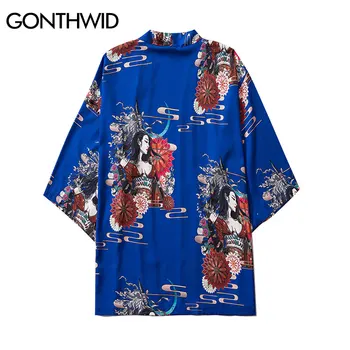 GONTHWID Japonų Samurajus Mergina Gėlių Spausdinti Kimono Megztinis Marškinėliai Mens Hip-Hop Atsitiktinis Atidaryti Priekiniai Streetwear Jakcets Dangomis, Topai