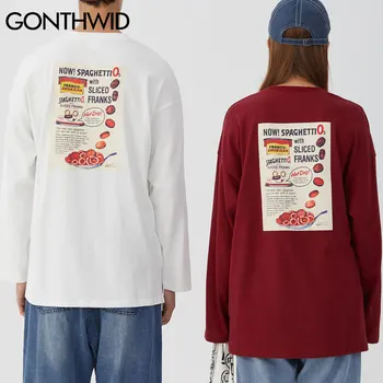 GONTHWID Spaghettios Hot Dog Spausdinti ilgomis Rankovėmis Tees Marškinėliai Streetwear 2020 Mens Harajuku Hip-Hop Atsitiktinis Tshirts Mados Viršūnes