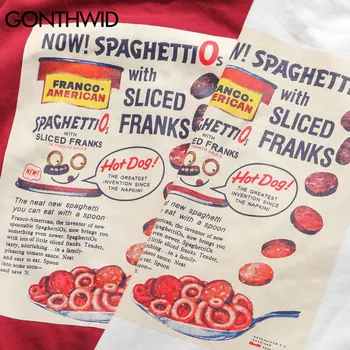 GONTHWID Spaghettios Hot Dog Spausdinti ilgomis Rankovėmis Tees Marškinėliai Streetwear 2020 Mens Harajuku Hip-Hop Atsitiktinis Tshirts Mados Viršūnes