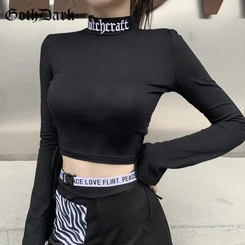 Goth Tamsiai Tvarstis Pusėje Gotikos Kratinys T-shirts Blyksnius Sleeve Black Bodycon Apkarpyti Viršūnes Moterų Rudenį Laiške Siuvinėjimo Mados Tee