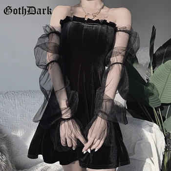 Goth Tamsių Akių Derliaus Gotikos Suknelės Egirl 2020 Estetinės Transpanent Dirželis Plisuotos Suknelė, Prašmatnus Punk Hip-Hop Grunge Emo Y2K Chic