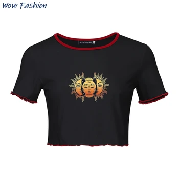 Gotikos Print T-marškinėliai Moterims Atsitiktinis O-Kaklo Nukentėjo Spalvų Spausdinimo Trumpas Rankovės Apkarpyti Viršūnes Moterų Mados Banga 2021 M. Vasaros