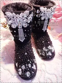Gražus drugelis black pearl visą deimantas, kalnų krištolas sniego batai odiniai perlas sniego batai