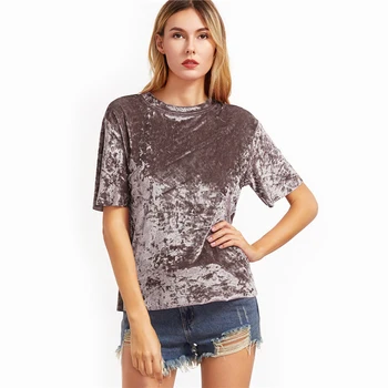 Gražus Mados Marškinėliai Moterims Vasaros Viršūnes Kavos Trumpas Rankovės Grūsti Aksomo T-shirt 