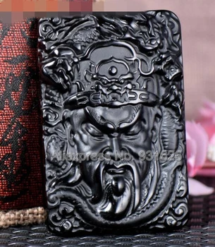Gražus Rankų Darbas Natūralus Juodas Obsidianas, Išraižytas Kinijos GuanGong Pasisekė Amuletas Pakabukas + Karoliukai, Karoliai, Bižuterijos