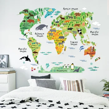 Gyvūnų pasaulio žemėlapyje, sienų lipdukai, vaikų kambario, miegamojo, vaikų darželyje, klasėje sienos fone dekoro nuimamas sienos lipdukai meno