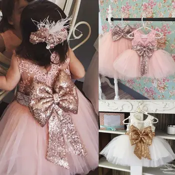 Gėlių Mergaičių 0-10T Šalis Suknelė Baby Princess Bowknot Nėrinių Gėlių Bridesmaid Dresses