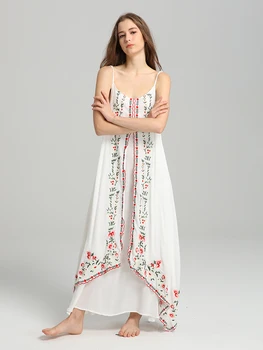 Gėlių Siuvinėjimas Didelis Hem Maxi Suknelė Moterų Berankovis Vasaros Dirželis V kaklo Seksualus, Baltos spalvos Suknelės Boho Chic Paplūdimio Hipių Ilga Suknelė