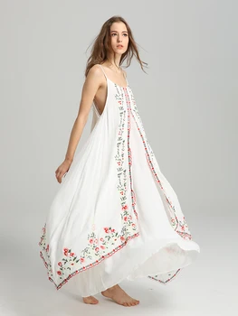 Gėlių Siuvinėjimas Didelis Hem Maxi Suknelė Moterų Berankovis Vasaros Dirželis V kaklo Seksualus, Baltos spalvos Suknelės Boho Chic Paplūdimio Hipių Ilga Suknelė
