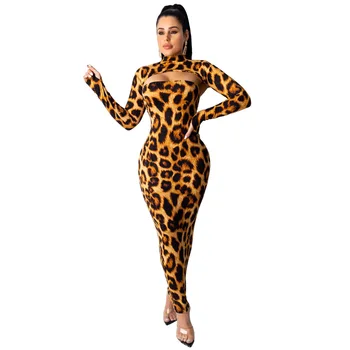 HAOOHU Seksualus Camo Leopard Dviejų dalių Rinkinys Moterims Rudenį Festivalis Drabužių Pasėlių Viršų ir Off Peties Maxi Suknelė 2 Gabalas Klubas Komplektai