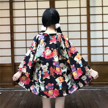 Harajuku Cardigan Japonų Kimono Mados Azijoje Vasarą Juoda Raudona Pelės Spausdinti Laisvas Mergaites Palaidinė Viršūnes Atsitiktinis Moteris Kimonos Cosplay