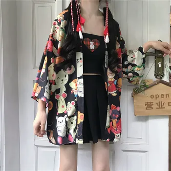 Harajuku Cardigan Japonų Kimono Mados Azijoje Vasarą Juoda Raudona Pelės Spausdinti Laisvas Mergaites Palaidinė Viršūnes Atsitiktinis Moteris Kimonos Cosplay