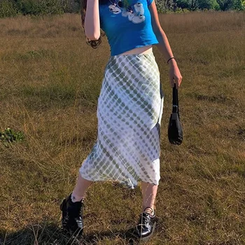 Harajuku E-Girl 90-ŲJŲ Mados Midi Sijonas Žalia Spausdinti Y2K Derliaus Laukia Didelės Sijonai Rudenį Moterys Streetwear Indie Apranga