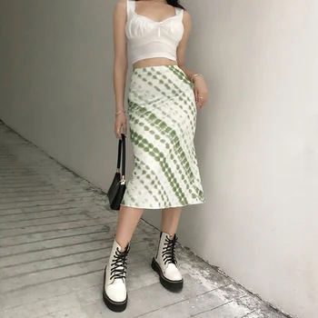Harajuku E-Girl 90-ŲJŲ Mados Midi Sijonas Žalia Spausdinti Y2K Derliaus Laukia Didelės Sijonai Rudenį Moterys Streetwear Indie Apranga