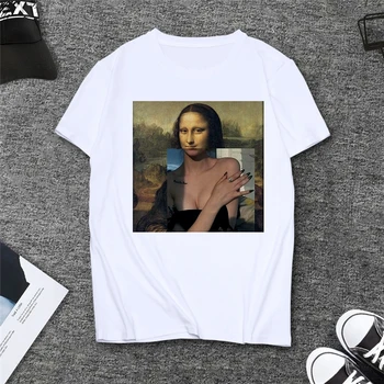 Harajuku estetinės Marškinėlius moterims Mona Lisa klaidingą asmenybės aliejaus tapybai Viršūnes Moterų T-shirt, Derliaus 90-ųjų vasarą Marškinėlius drabužiai