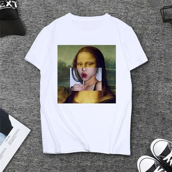 Harajuku estetinės Marškinėlius moterims Mona Lisa klaidingą asmenybės aliejaus tapybai Viršūnes Moterų T-shirt, Derliaus 90-ųjų vasarą Marškinėlius drabužiai