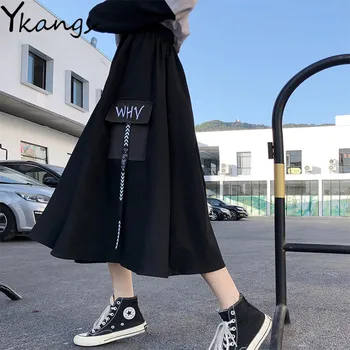 Harajuku Streetwear Gotikos cargo Sijonai Moterims 2020 Juoda Aukšto Juosmens-line Sijonas Atsitiktinis Derliaus Midi Sijonas Moterų Streetwear