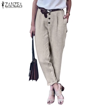 Haremo Kelnės Moterų Medvilnės Kelnės 2021 ZANZEA Elegantiškas Mygtuką Ilgai Ropė Moterų Vidurio Wasit Pantalons Plius Dydis Atsitiktinis Palazzo