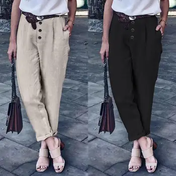 Haremo Kelnės Moterų Medvilnės Kelnės 2021 ZANZEA Elegantiškas Mygtuką Ilgai Ropė Moterų Vidurio Wasit Pantalons Plius Dydis Atsitiktinis Palazzo