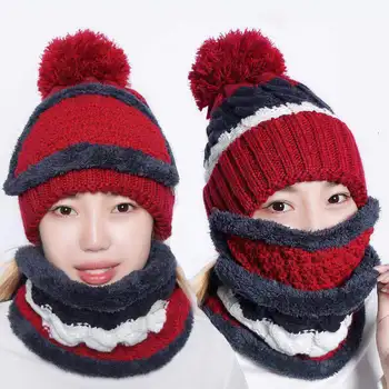 Hat žiemos moterų Kaukė Kepurės mergaitėms Šalikas Storas Šiltas Vilnos Viduje Megzti Skrybėlę ir Skara Nustatyti 3pcs Žiemos Jojimo mados Kepurės